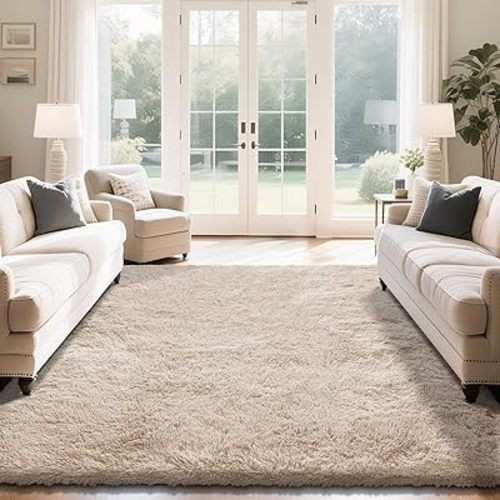 Fluffy Rug Shaggy Area Rug, Beige 6x9 Area Rugs for Living Room, Large Shag Area Rugs for Bedroom Kids Room Home Decor, Upgrade Anti-Skid Rectangular Fuzzy Rugs