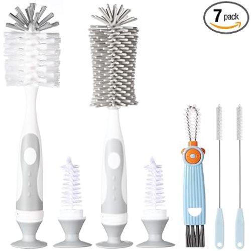 Ariseno 5-in-1 Baby Bottle Cleaner Set, Including Nylon & Silicone Bottle Brush, Cap, Straw & Nipple Brushes, BPA-Free (Grey)