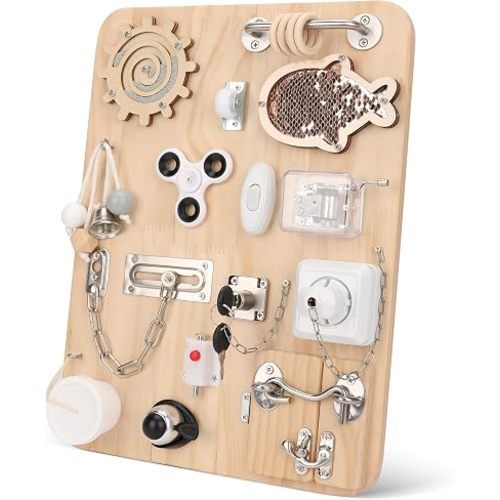 Wooden Montessori Busy Board, Montessori Sensory Activity Board Toys for Kids Toddler Baby Boys Girls, for Autism & ADHD Motor Skills