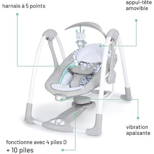 Ingenuity ConvertMe Balancelle et siège bébé 2 en 1 compacte et portable, automatique, vibrations alimentées par piles, sons de la nature, 0-9 mois, 2,7-9,1 kg (Raylan)