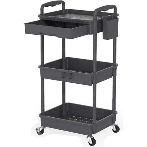 Rolling Storage Cart with Detachable Drawers, Locking Wheels, Cup Holder & Hooks, Easy Assembly 3-Tier Mobile Organizer for Kitchen, Bathroom, Craft Room, Jet