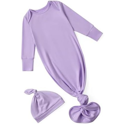PATPAT Baby Sleeper Gown with Hat for Newborn, Knotted Baby Gown with Fold-Over Mittens for Infant Girl Boy Home Coming Gift