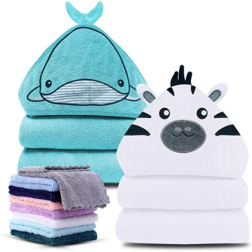 Cute Castle 2 Pack Hooded Baby Towel Rayon Made from Bamboo with 8 Washcloths - Soft Bath Towel for Bathtub for Babie, Newborn, Infant, Natural Baby Stuff Towel (Zebra and Whale)
