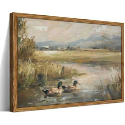 Framed Vintage Mallard Duck Wall Art, Countryside Wetland Landscape Pictures Wall Decor Painting, Nature Wild Animals Canvas Prints Hunting Decor For Living Room Bedroom Office,12×16inch