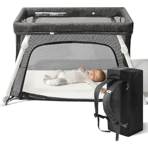 Guava Family Travel Crib Includes Lightweight Backpack Design | Certified Baby Safe Portable Crib | Folding Play Yard, Comfy Mattress for Babies, Toddlers | Compact Baby Travel Bed