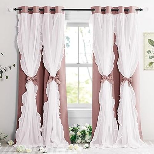 PONY DANCE Double Layer Curtains with Ruffle Sheer Overlay for Girls Bedroom,Shabby Chic Room Darkening Drapes with Tiebacks, 52" Wide x 84" Long, Rose Bloom, 2 Panels