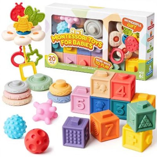 Joyfy Montessori Toys for Baby 0-3-6-12 Months, 4-in-1 Food-Grade Sensory Toys, Infant Stacking Circles Teether, Learning Gifts for Baby Girls Boys