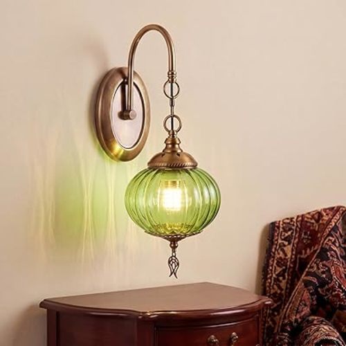 Gerrii 1 Pcs Vintage Moroccan Wall Sconce Lamp Ottoman Blown Glass Vintage Green Wall Sconce Lamp with Metal Base for Bathroom Bedroom Living Room Decor Lighting Fixtures 6'' Diameter 15.75'' High
