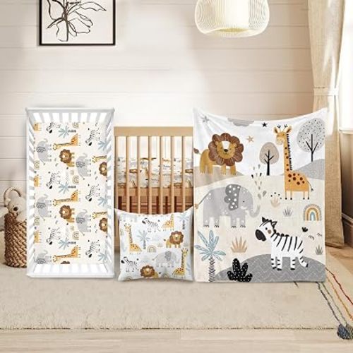 Baby Crib Bedding Set 3 Pcs - Safari Animals Crib Bedding Set for Boys Girls - Jungle Nursery Bed Sets Include Soft Blanket Dotted Back, Fitted Sheet, Pillowcase for Newborn Infant Shower Gifts