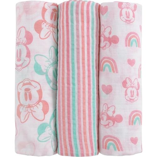 Disney Minnie Mouse Pink, Aqua, and White 3 Piece Muslin Swaddle Baby Blanket Set