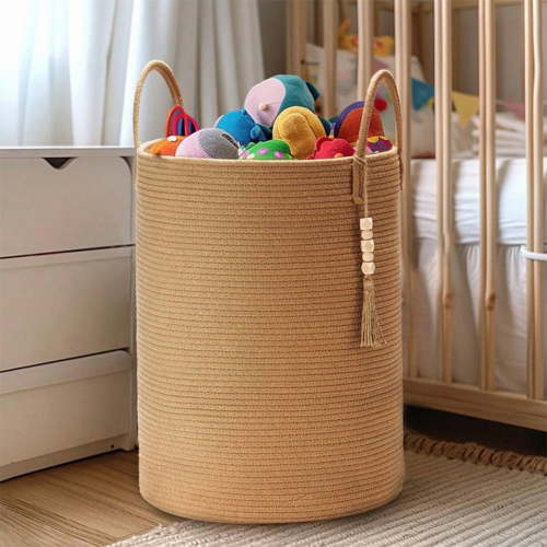 Tall Jute Rope Laundry Hamper, Large Woven Laundry Basket with Handles, Round Clothes Hamper for Clothes, Toys, Blankets, Pillows, Decorative Storage Basket with Wooden Bead Accent