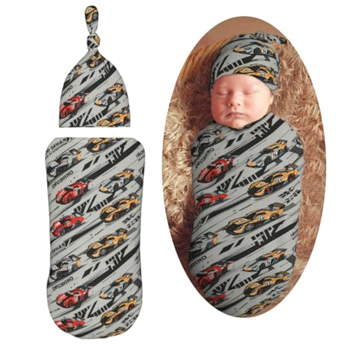 Cool Racing Cars Newborn Swaddle Blankets Hat Sets Soft Baby Receiving Blanket Swaddle Sack for Baby Shower Infant Boy Girl Gift
