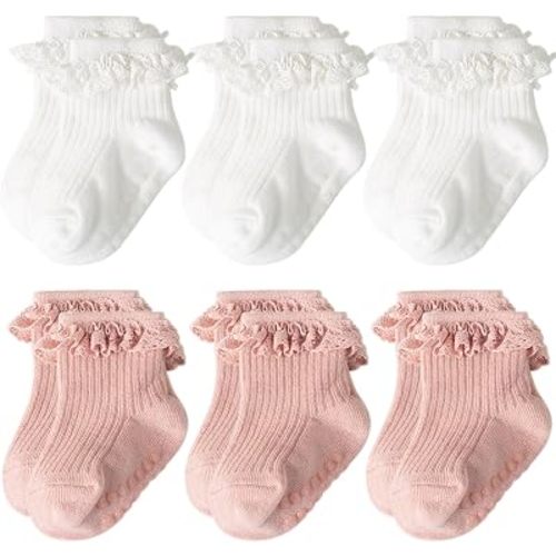 AQOKKA Baby Girl Toddlers Socks with Non-slip Grip Cute Frilly Ruffle Ankle Soft Cotton Newborn Baby Socks for Infant Kids