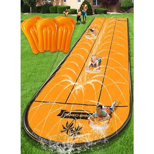 Spring Water Slip and Water Slide for Kids Backyard, 17ft*3 Racing Lanes Slip Water Slides with Sprinkler for Age 4-8 8-12, Summer Outdoor Water Toy with 3 Inflatable Bodyboards