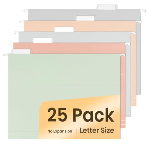 SUNEE 25 Count Hanging File Folders, Pastel Colors, Hanging File Folders Letter Size, Hanging Folders with 1/5-cut Tabs, Designed for Bulky Files, Filing Cabinets, Medical Charts