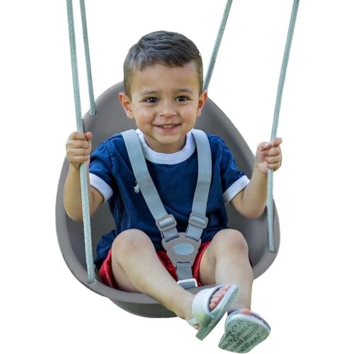 Swurfer Coconut Toddler Swing – Comfy Baby Swing Outdoor, 3- Point Adjustable Safety Harness, Secure, Safe Quick Click Locking System, Blister-Free Rope, Easy Installation, Ages 6-36 Months, Gray