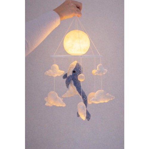 Handmade Whale Moon Baby Mobile, Ocean Nursery Night Light