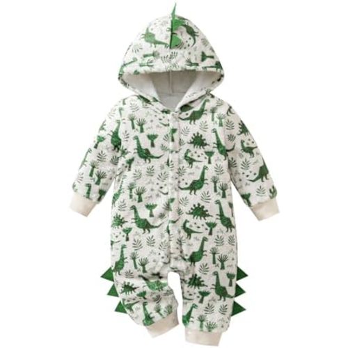 Baby Boys Dinosaur Outfit Fleece Bodysuit Infant One Piece Hooded Button Romper Outerwear Jumpsuit Toddler Jackets