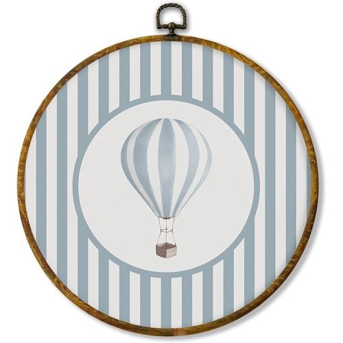 Hiuwevt Hot Air Balloon Boy Nursery Round Wall Art Decor, Kids Room Framed Canvas Prints, Blue Striped Round Wall Hanging Decor for Kids Boy Nursery Room Bedroom Playroom Decorations, 10x10 Inches