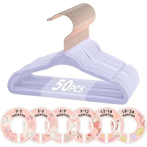 VIS'V Baby Hangers, 11 Inch Velvet Kids Hangers with 6 Pcs Clothes Size Dividers, Infant Toddler Nursery Closet Organization, Non Slip, Lavender, 50 Pcs