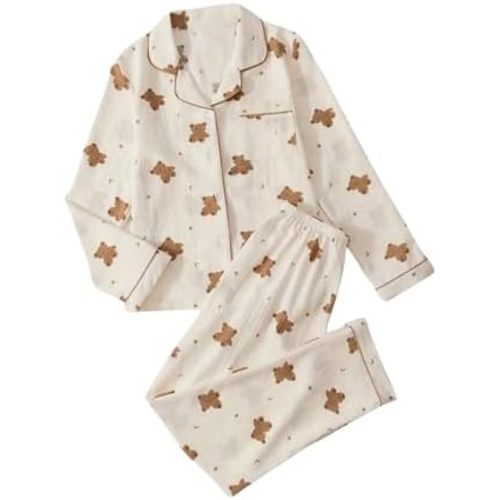 Women's 2 Piece Pj Set Cherry Print Pajama Long Sleeve Button Up Collar Tops and Pants Nightwear Sleepwear Lounge Set