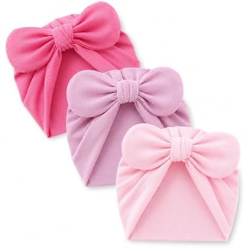 3 Pack Baby Bow Turban Hats, Pink Tones
