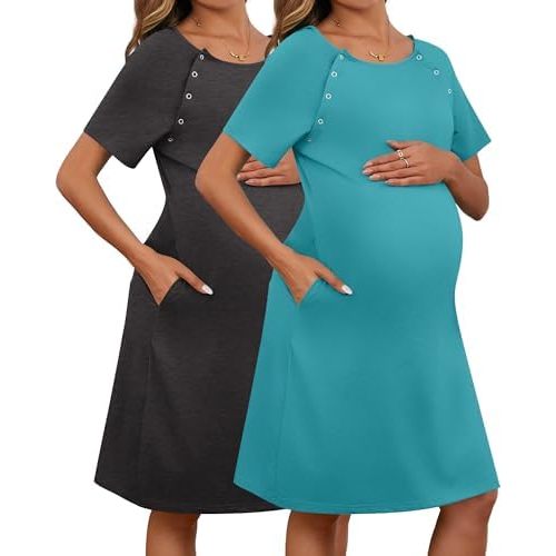 Huukeay 2 Pack Labor Delivery Nursing Hospital Gown Women's 35% Cotton Maternity Birthing Dress 3 In1 Breastfeeding Pajamas