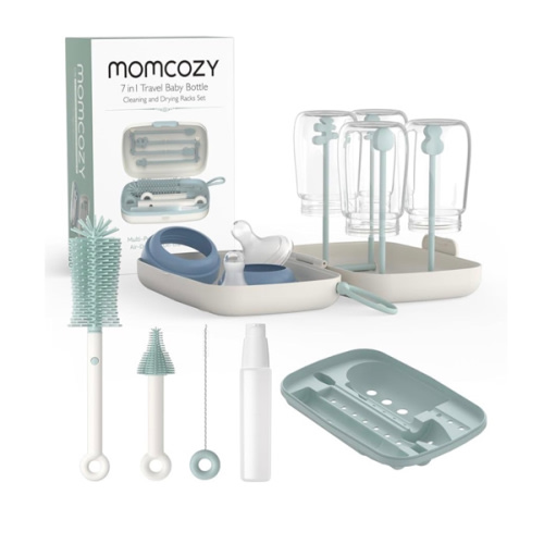 Momcozy Bottle Brush Set - Baby Bottle Cleaner Kit with Silicone Brush, Nipple Brush, Straw Brush, Soap Dispenser, Drying Rack - 7 in 1 Bottle Cleaning Tool for Home and Travel, Green
