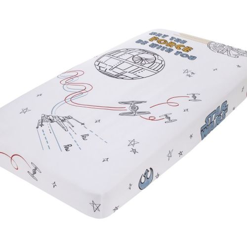 NoJo Star Wars May the Force Be With You White, Blue, and Gold Millennium Falcon and Death Star Photo Op Nursery Fitted Crib Sheet