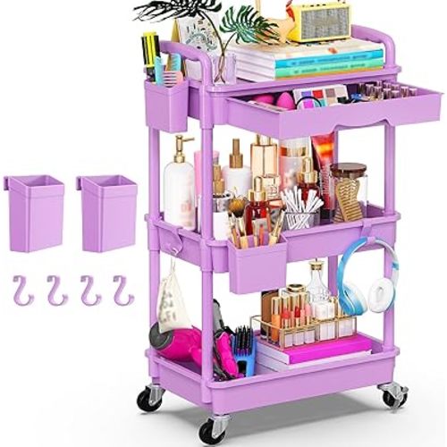 Goovilla 3 Tier Rolling Utility Cart Organizer with Removable Drawer, Stable and Sturdy Purple Rolling Storage Carts with 2 Lockable Wheels for Bathroom, Kitchen, Snack, Craft, Makeup, Baby Essentials