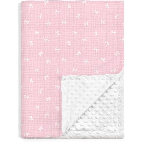 SANDJEST Bow Minky Muslin & Dotted Blanket 30x40 in Gift for Holiday, Gender Reveal Party, Hospital Visit, Baptism (Pink)