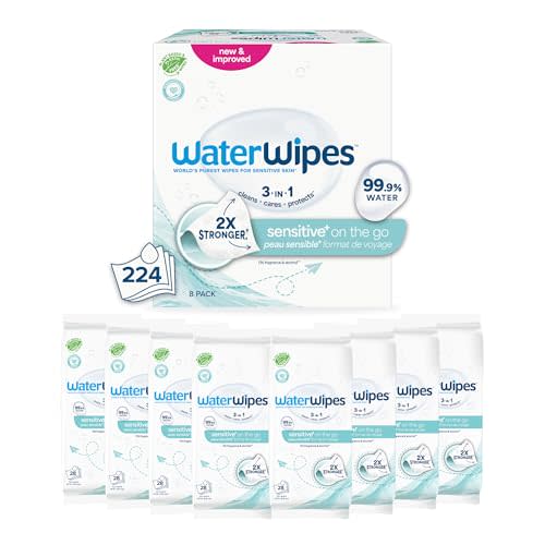WaterWipes Sensitive+ On The Go Wipes, 3-In-1 Cleans, Cares, Protects, 99.9% Water, Unscented & Hypoallergenic Wet Wipes, 224 Count (8 Packs)