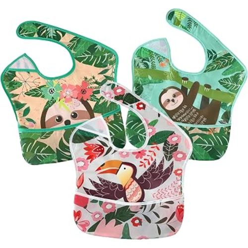 PandaEar 3 Pack Baby Bibs for Boys & Girls, Waterproof Polyester Toddler Bibs for 6-24 Months, Lightweight Soft Feeding Bibs with Food Catcher Pocket (Animal Theme Series)