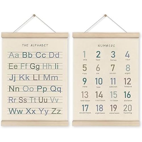 HRQKO Alphabet Numbers Poster Hanger Frame Set of 2, Nursery Wall Decor, Boho ABC Poster Wall Art with Wooden Frames, Alphabet Banner Wall Hanging Decor for Boy Toddler Room Playroom, 12x16 Inch