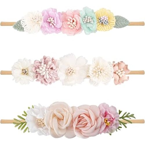 Baby Girl Nylon Headbands Flower Hair Bows Accessories-Elastic Hair Band Crown Handmade FLoral Wraps Birthday Gifts for Girls Newborn Infant Toddler 3Pcs