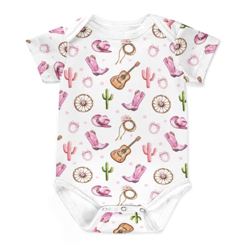 Western Pink Cowgirl Hat Boot Cactus Baby Bodysuits Guitar Bows Wildflowers Romper Wild West Outfit