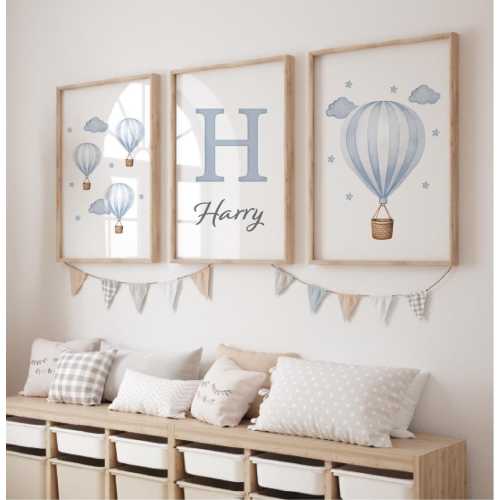 Set of 3 Boys Prints, Hot Air Balloon Prints, Hot Air Balloon Nursery Wall Art, Baby Blue Print, Boys Bedroom Print Playroom, Printable