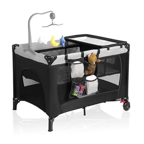 Pack n Play,Baby Bassinet,Playpen,Crib, Diaper Changer,Black | 4 in 1 Pack and Play, Comes with Mattress,Storage Basket and Toy Bar, Suitable for Newborn to Toddler
