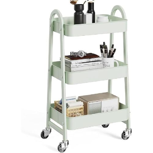 OLIXIS 3 Tier Utility Rolling Cart with Lockable Caster Wheels, Metal Mobile Storage Shelf, Organization for Livingroom, Bathroom & Narrow Places, Pale Green