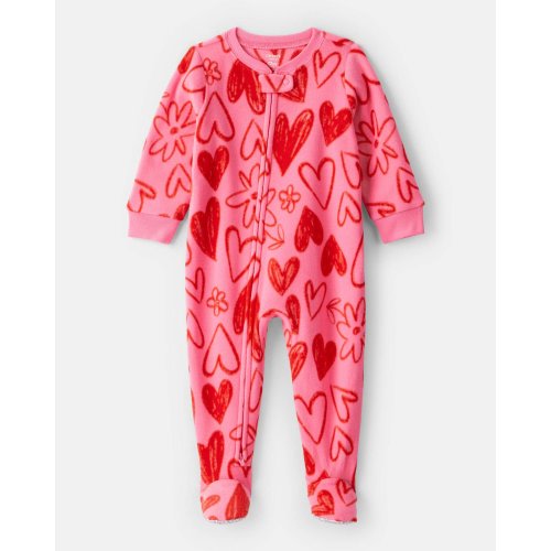 Baby Girl Heart Fleece Long-Sleeve Loose Fit 1-Piece Pajamas - Pink/Red - Carter's | Carter's