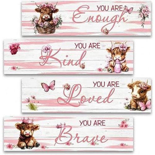 PAMBO Highland Cow Nursery Wall Decor - Set of 4 Wooden Affirmation Signs for Kids Room, Pink Floral Highland Cow Decor for Baby Girl Bedroom, Playroom Wall Art with Pre-Installed Hooks, 12" x 3"