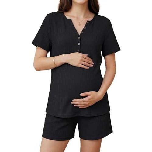 OUGES Women's 100% Cotton Maternity Nursing Pajamas Set Short Sleeve Henley Top and Shorts 2 Piece Pjs Comfy Loungewear