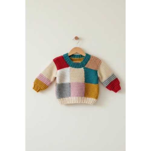 Hand-Knitted Baby Sweater: Colorful Patchwork, Long Sleeve