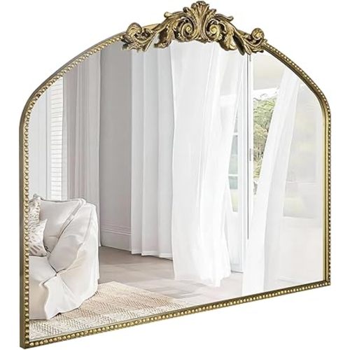 AIXI HOME Vintage Gold Arched Mirror 40"X31", Antique Baroque Mantel Wall Mirror with Ornate Metal Frame for Entryway/Fireplace/Living Room/Hallway/Bathroom/Bedroom