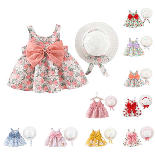 YHAJDS Baby Girl Cami Dress Floral Print With Bow Kids Summer Outfit Hat Dress