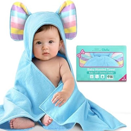 VOOVA & MOVAS Blue Baby Bath Towel with Cute Elephant Ears Hood – 33" x 31.5", 420GSM, 100% Cotton – Super Absorbent & Thick – for 0–18 Months Newborn, Toddler, Infant, Baby Essentials