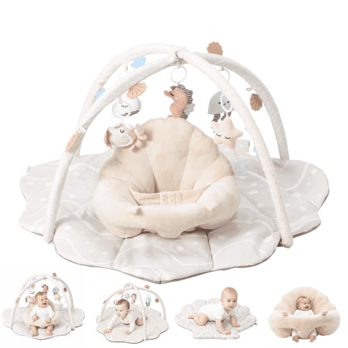 Baby Gym Playmat & Seat Tummy Time Mat with 6 Detachable Activity Toys for Babies 6-12 Months,Beige