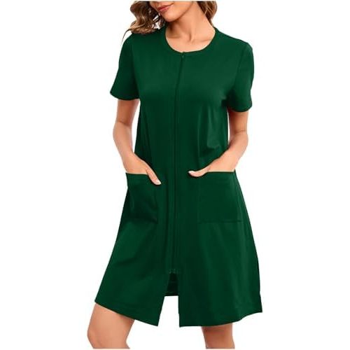 Women Zipper Robes with Pocket Short Sleeve Crew Neck Gowns Lightweight Soft Stretch Gown 2025 Zip Up Sleepwear