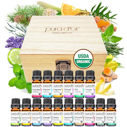 PURA D'OR Organic Sweet16 Essential Oils Aromatherapy Box Set, 10mL x16 | Diffuser Blends, Gift-Ready Wood Case, USDA Certified, 100% Pure, Massage, DIY Beauty, Home Fragrance, Relaxation Routine