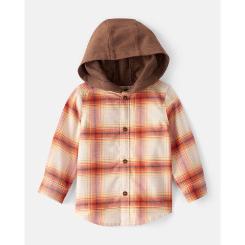 Baby Boy Plaid Cotton Long-Sleeve Hooded Button-Down Shirt - Orange | Carter's